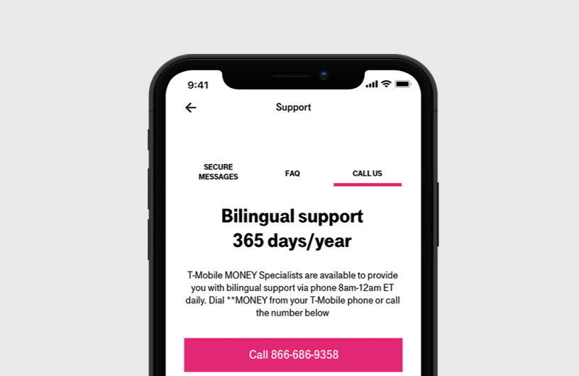 Phone with T-Mobile MONEY app open to bilingual support screen.