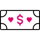 Illustration of paper money with a magenta dollar sign and hearts.