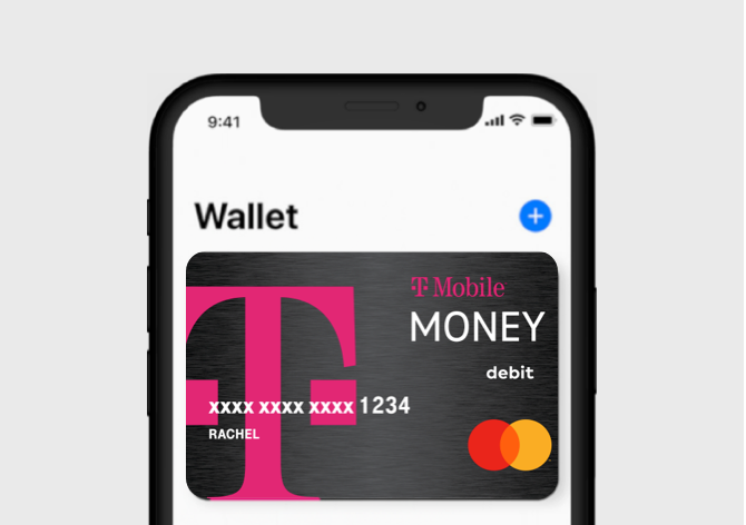 Phone with T-Mobile MONEY app open. Debit card is featured in the apps wallet.